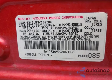 2016 Mitsubishi Outlander Sport Es/Se z USA, uszkodzony, nr VIN JA4AR3AW9GZ049955